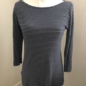 BCBG Maxazria Navy White Boat Neck 3/4 length sleeves Top
